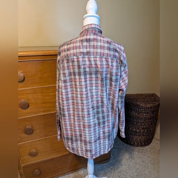 Upcycled Distressed Bleached Plaid Flannel Button Down Shirt Women’s Large - Picture 8 of 12